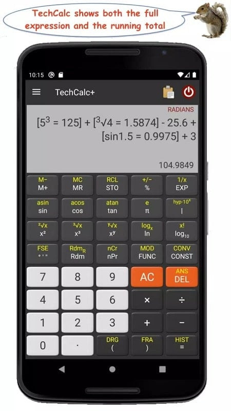 TechCalc app displaying calculations