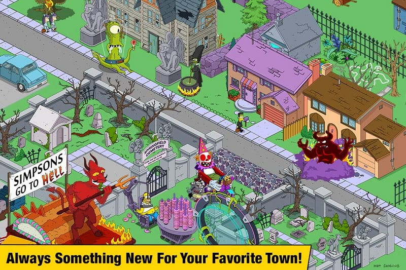 Gameplay of The Simpsons: Tapped Out, showing the player rebuilding Springfield after the disaster.