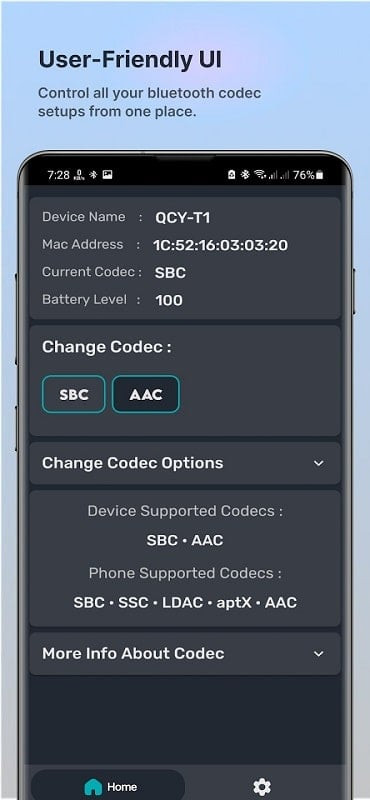 Codec information displayed in Bluetooth Codec Changer