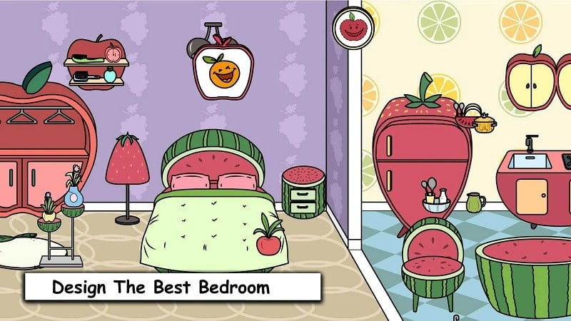 Illustrative image of room decoration in Tizi Town MOD APK, showcasing the variety of items and colors.