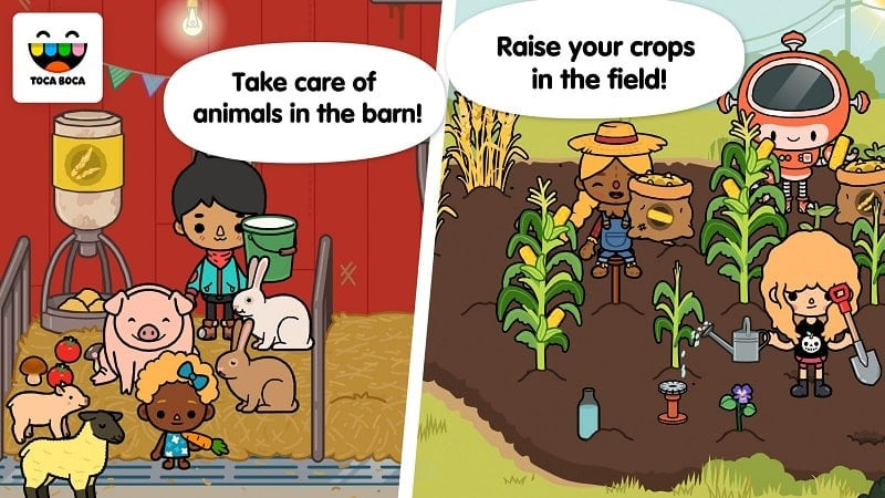 A screenshot of Toca Life: Farm gameplay, showing the farm and its activities