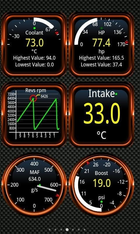 Torque Pro App Screenshot showing various car parameters