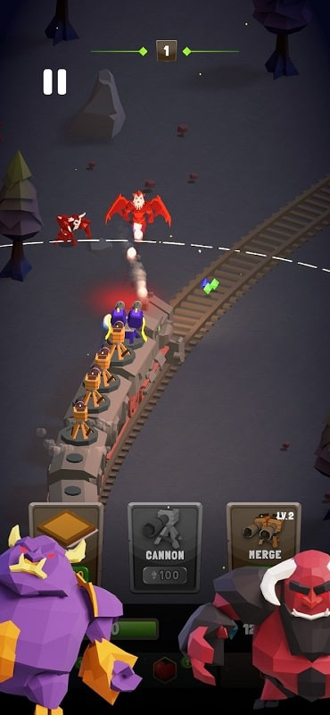 Monsters attacking the train in the free version of Train Defense: Merge N Fight MOD APK.