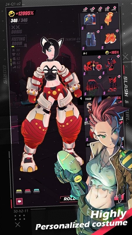 Customizing Doris' appearance with various costumes and weapons.