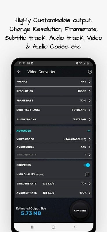 Video Converter app screenshot showing subtitle feature