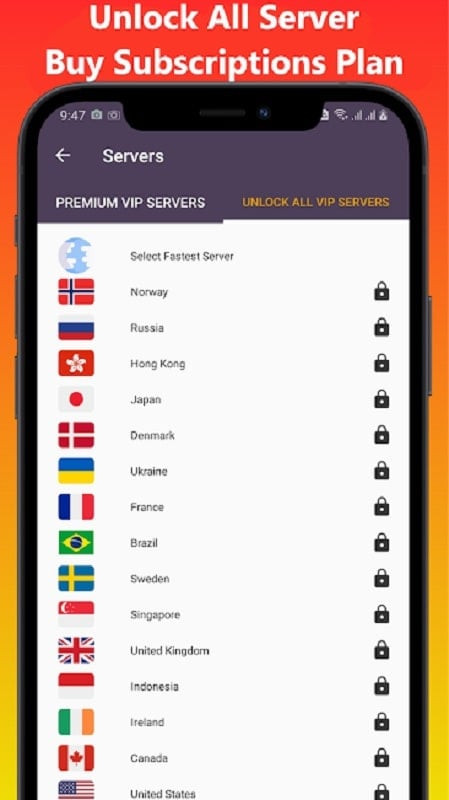 List of available VPN servers within the VOP HOT Pro Premium VPN MOD APK app, allowing users to select the server that best suits their needs.